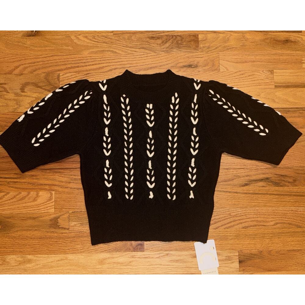 NWT Commense Black & White Puff Sleeve Contrast Binding Cable Knit Top Sz Small